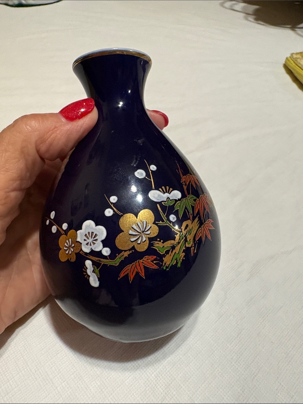 Navy Porcelain Bud Vase with Gold Floral Motif